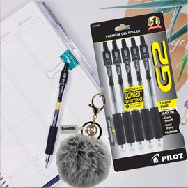 G2 Pens 0.38 Mm Gel Roller Pens, Ultra-Fine Point, 2.08 Oz, 5 Counts, Black Ink - Bundle With Suretails Pompom Balls Fluffy Keychain, Smooth Writing, Ergonomic Grip [Pack Of 2]