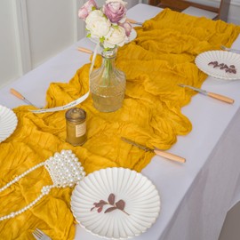 YUEZAISHOU Yellow Table Runner and Decorations - Cheese Cloth Elevate Your Decor with a Variety of Styles – 160" Long Burlap Table Runner Perfect for Thanksgiving, Baby Shower,Birthday and Wedding