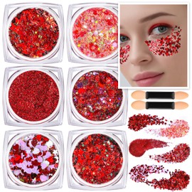 Teenitor Face Glitter Body Glitter, Red Body Glitter Gel, Hair Glitter Gel, 6 Shapes Festival Rave Glitter, Body Makeup Glitters Gel, Chunky Sparkling Glitter for Face, Body and Hair