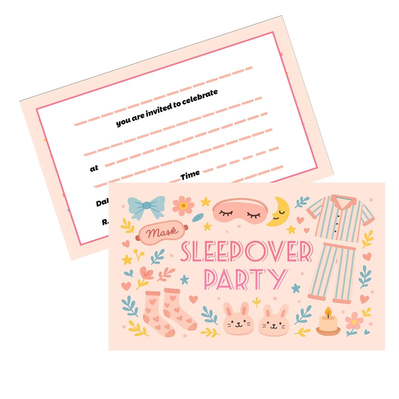 20 Double Sided Sleepover Party Invitations for Girls, Colorful Unique