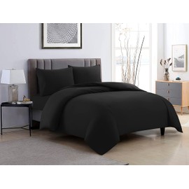 ZENVY Duvet Cover and Fitted Sheet 4pc Set - Includes Duvet Cover, Fitted Sheet, and (2) Pillowcases | 90GSM Brushed Microfiber with Button Closure (Black, Queen)
