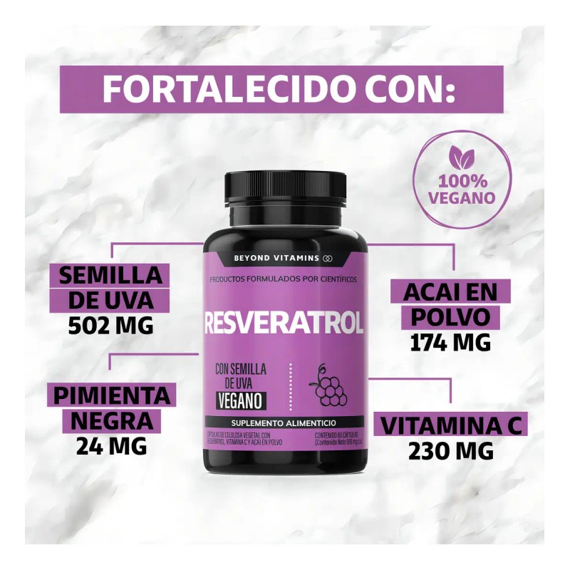 Resveratrol 100 Vegano Alto Contenido Polifenoles Pimienta Negra Absorción Vitamina
