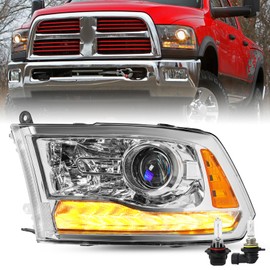 JSBOYAT Fits for 2013-2018 Dodge Ram 1500 2500 3500 9 PIN OE Projector Headlight Assembly with LED DRL and All Bulbs Chrome Housing Amber Reflector (LH)