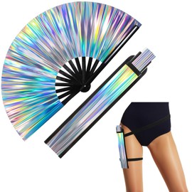 FairySandy Large Rave Fan UV Glow Hand Fan with Holster for Men/women, Disco Party Favor for Edm Music Festival Club Rave Accessories(Laser)
