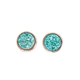 Aqua Blue Green Druzy Stud Earring- Real Druzy Quartz Gemstone- Rose Gold Bezel setting- 8mm- Mother's Day- Graduation- Birthday Gift - Weddings