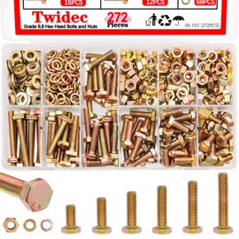 Twidec/272pcs Grade 8.8 Hex Head Nuts and Bolts Assortment Kit,Metric Bolt Assortment,M6(Length 12/16/20/25/30/40mm) Heavy Duty Bolts and Nuts Kit, Flat & Spring Lock Washer Gold Zinc Plating