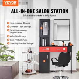 VEVOR Salon Station, Wall Mount Barber Station for Hair Stylist, Beauty Spa Furniture Set, 1 Storage Cabinet, 3 Cubbies and 2 Drawers(One Lockable), Black and Red
