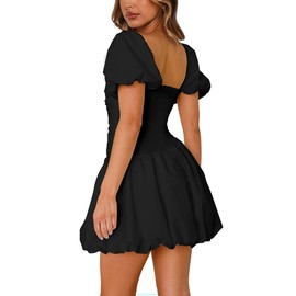 HYPERFIRE Women's Square Neck Short Puff Sleeve Bubble Dress Smocked Ruched Dresses Casual Wear Black X-Small