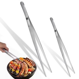 Visxcnu Set of 2 Cooking Tweezers, Cooking Tweezers, Stainless Steel, 20 cm + 30 cm Long, Tweezers Kitchen - Round Barbecue Tweezers for Cooking and Roasting + Kitchen Tweezers Pointed for Decorating