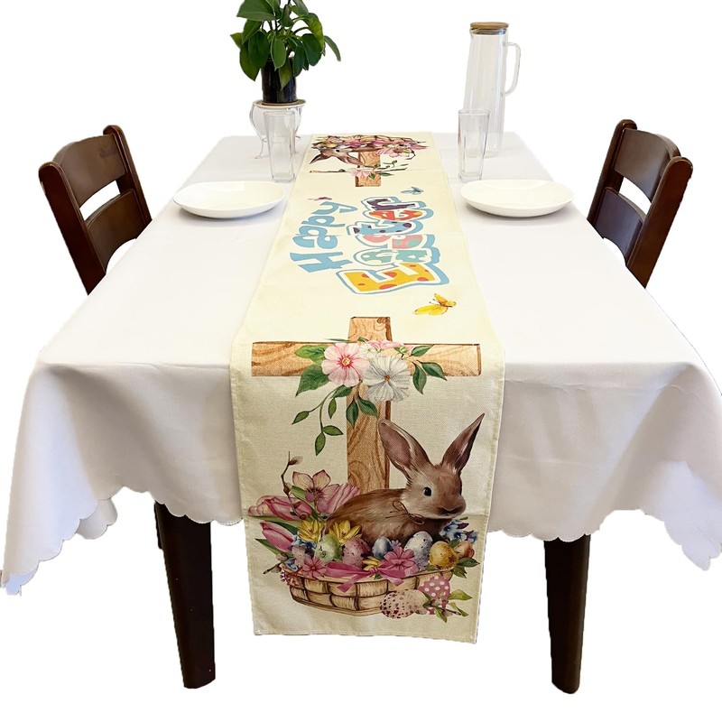 SEAHUI Happy Easter Rabbit Table Runner Rabbit Flower Cross Table