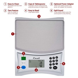 Escali Pana V136 Large Volume Measuring Kitchen/Baking/Cooking Scale, Preprogrammed with Over 500 Ingredients, LCD Digital Display, 13lb Capacity, Universal, Light Grey