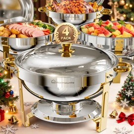 WARMOUNTS Round Chafing Dishes for Buffet 4 Pack, 5QT Gold Stainless Steel Chafers and Buffet Warmers Sets with Lid Holder, Rolled Rim Process, Stackable Design, for Catering, Parties, Weddings