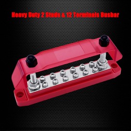 Ampper Power Distribution Block Bus Bar, 2 x 5/16" (M8) Studs, 12 x #8 (M4) Terminal Screws, 6.3" 12V 200A Battery BusBar with Cover for Auto, Boat and Solar (Red)