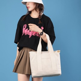 zhongningyifeng Women's Tote Bag, Canvas, Divider A4 Large Capacity, Handbag, Stylish, Cute, Lightweight, Freestanding, Wide Gusset, Simple, Travel, Commuting to Work, beige