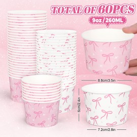 FYSUIMU 60 Pcs Bow Coquette Snack Cups Pink White Bowknot Disposable Bowls 9oz Dessert Food Treat Paper Bowls for Hot Iced Birthday Baby Shower Bachelorette Party Supplies