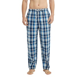 Vulcanodon Men's Cotton Woven Pajama Pants, Soft Lounge Pajama Pants with big pockets for Men Plaid Pj Bottoms(Royal Blue Plaid,L)