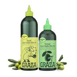 Graza Extra Virgin Olive Oil Variety Pack, Sizzle & Drizzle - High Polyphenol Peak Harvest EVOO Cooking & Finishing Oil in a Squeeze Bottle - Single Farm Olives from Spain