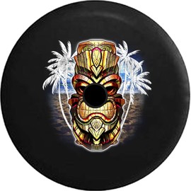 Pike Outdoors JL Series Spare Tire Cover with Backup Camera Hole Tiki Bob Islander Palm Trees and Sandy Beach Black 32 in