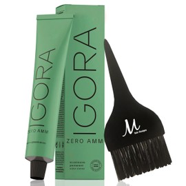 Igora Zero AMM Hair Color 1-0 Black Natural | Igora Royal Zero Ammonia Permanent Color Creme 2.1 oz and M Hair Designs Tint Brush (Bundle)