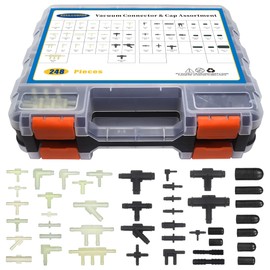 34 Sizes Automotive Vacuum Tubing Connector & 9 Sizes Vaccum Caps, Vacuum Tee Connector Assortment Kit, Total 248PCS Packed Double Side Tool Organizer