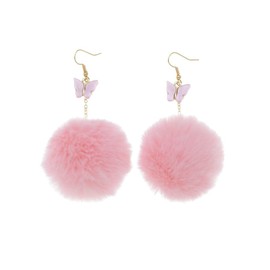 Winter Jewelry Lightweight Pom Pom Star Drop Earrings Cute Faux Fur Tassel Fluffy Ball Butterfly Dangling Earrings Christmas Valentines's Gifts-butterfly pink