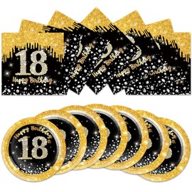 40Pcs 18th Birthday Decorations for Boys Girls Black and Gold Party Decorations for Birthdays Decor Happy Birthday Plates and Napkins Set Party Supplies for Men Women