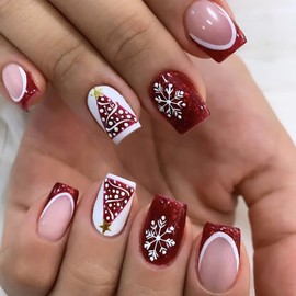 24Pcs Red Christmas Press on Nails,French Tip Fake Nails,Red Christmas Acrylic Nails,Snowflake Short Square False Nails Full Cover Glossy Stick on Nails for Women Christmas Nail Art Decoration