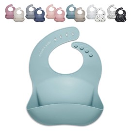 Goobie Babero de silicona para bebé con recogedor de alimentos, ajustable, impermeable, para bebés y niños de 4 a 36 meses en colores elegantes para niñas y niños, moderno, suave, fácil de limpiar (cristal de mar)