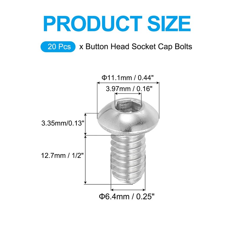 PATIKIL 1/4-20x1/2" Button Head Socket Cap Screws, 20 Pcs 304