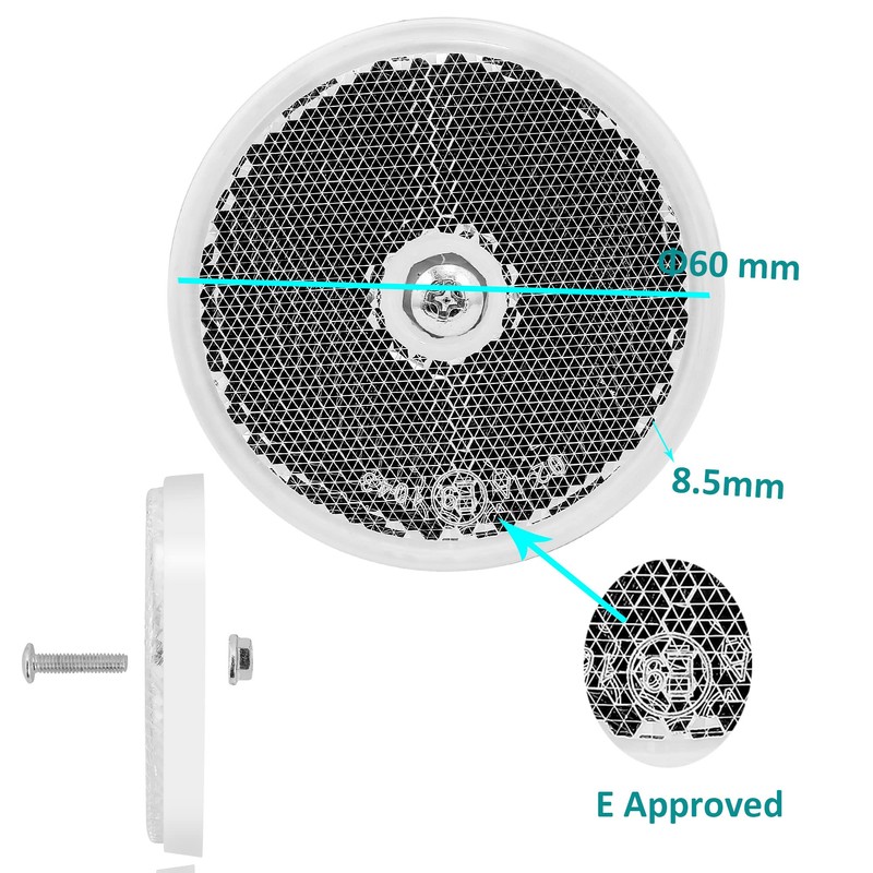DARKGUARD 4 x Round Reflectors White Diameter 60 mm Approved,