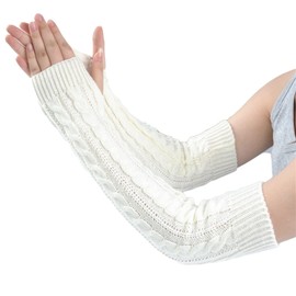 Lopsity Arm Warmers Soft Winter Knit Arm Warmers Thumbhole Gloves Long Fingerless Gloves Knitted Warm Weave Gloves, White, One Size