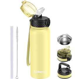 GOPPUS 600ml/20oz Stainless Steel Water Bottle with Straw Insulated Sports Bottle Cold Flask with Straw Double Walled Flip up Metal Water Bottles Leakproof Water Bottle for Gym Sports