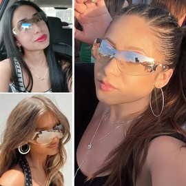 Haqptul Rimless Y2K Sunglasses Star Wrap Around Glasses 2000S Accessories for Women Men Trendy Fashion Cool Shield Shades (Black, Transparent)