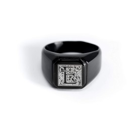 Black IP Plated Stainless Steel Letter E Alphabet Initial Floral Box Monogram Engraved Square Flat Top Biker Style Polished Ring, Size 9.5