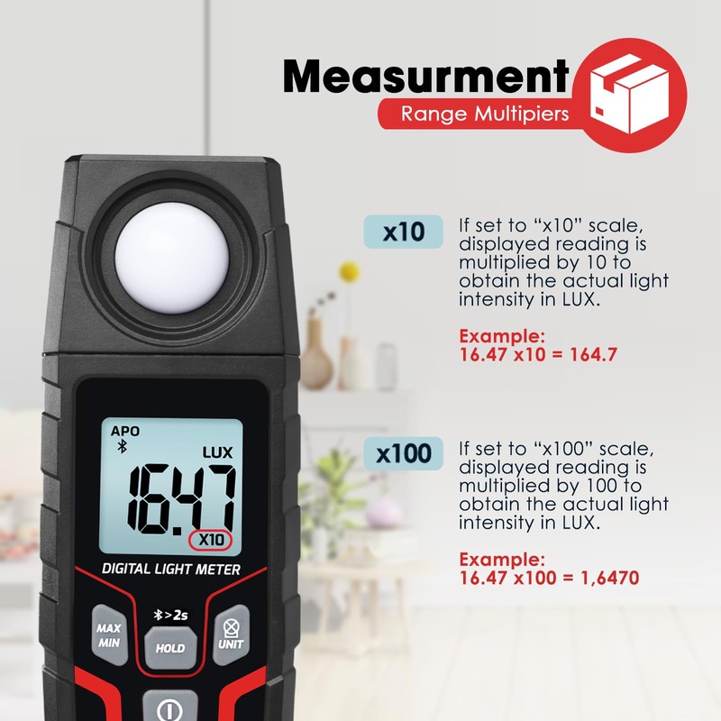 Bluetooth Lux Meter Light Meter, 0.1~200,000Lux Range Light Meter for