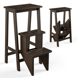 Giantex 3 Step Ladder, Lightweight 3-in-1 Multifunctional Step Ladder with Anti-Slip Reversible Pedal, Hollow Handle Design, Used for Storage Shelf, Sitting Chair, Folding Pine Wood Step Ladders