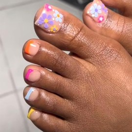 Colorful French Tip Press on Toenails Square Fake Toe Nails Summer False Toenails with Colorful Flowers Design Glossy Nude Acrylic Toe Nails Full Cover Stick on Toenails for Women 24Pcs