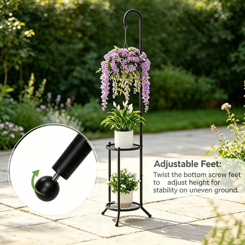 2-Tier Plant Stand With Hanging Hook, Metal Standing Plant Hanger,