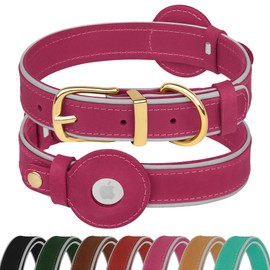 OOPSDOGGY Reflective Geniune Leather Airtag Dog Collar Soft Padded Collars for Small Medium Large Breed Dogs Puppy, 4 Sizes, 7 Colors (Pink, Small, 9"-12")
