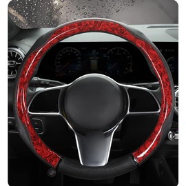 D-CC Crystal Peach Grain Stitching Steering Wheel Cover Leather Four Seasons 15 Inch Universal Anti-Slip Breathable Durable Massage Grip (Red)