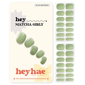 Heyhae Semi Cured Gel Nail Strips | Sun Cured Gel Nail Wraps No LED Lamp Needed Easy Apply & Remove | Includes 28 Strips, 1 Prep Pad, 1 Nail File & 1 Wooden Stick - Hey, Matcha Girly