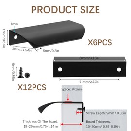 6 Pack Concealed Kitchen Cupboard Handles, Black Cabinet Handles Back Mount Finger Edge Pull 80mm Matte Aluminum Alloy Invisible Handle for Home Kitchen Wardrobe Door Cabinets and Drawers