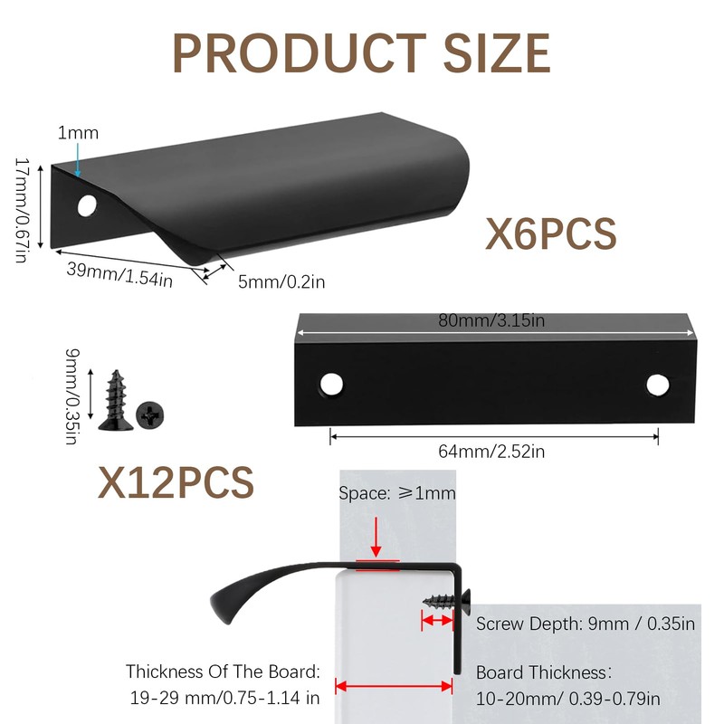 6 Pack Concealed Kitchen Cupboard Handles, Black Cabinet Handles Back