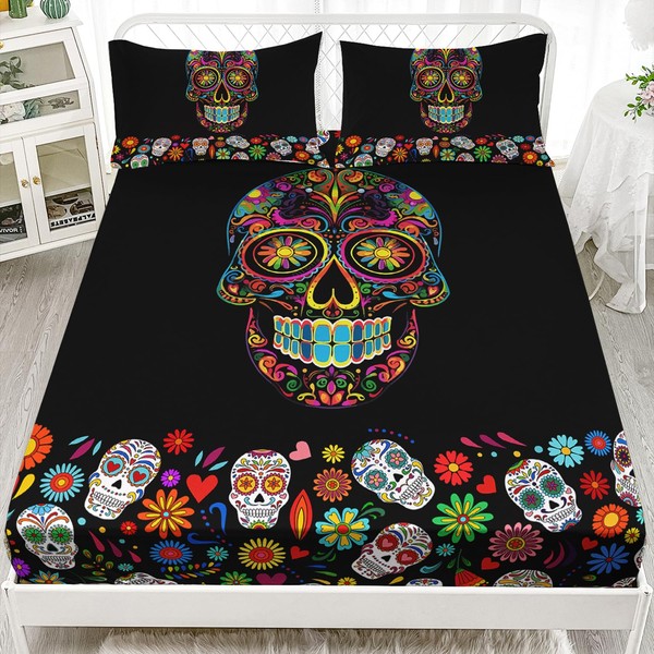 AILONEN Sugar Skull Fitted Sheet Queen Size, Skeleton Floral Print