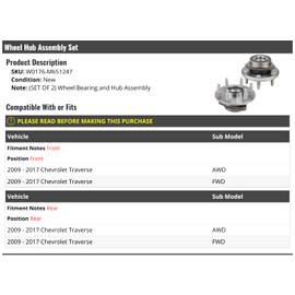 Wheel Bearing Hub Assembly Set of 2 - Compatible with 2009-2017 Chevy Traverse AWD FWD
