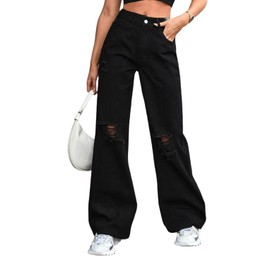 HAIOUNIUZAI Womens High Rise Wide Leg Baggy Boyfriend Loose Distressed Ripped Jean Stretchy Long Sweatpant Jeans Woman Relaxed Fit Denim Pants for Women Trendy Medium 08 Black M