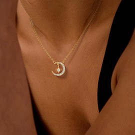 CeaKIev S925 Sterling Silver Moon and Star Necklace for Women, Dainty CZ Crescent Pendant, Jewelry Gift for Birthday, Anniversary, Valentine’s Day, Mother’s Day