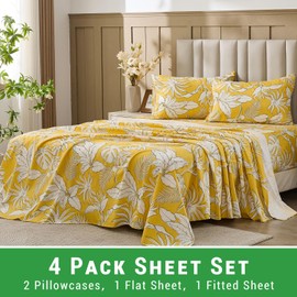 Gogreen 100% Cotton Sheet Set Full Size, Yellow Floral, 4PC Set, Breathable Bed Sheet for Hot Sleeper and Night Sweats, Deep Pocket Up to 16 Inches