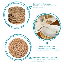 Argon Tableware Round Coasters - 10cm - Pack of 6 - Woven Palm Leaf Bar Drink Mat Table Protector Coasters for Kitchen, Home, Bar, Restaurant, Weddings, Events