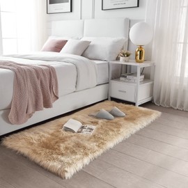 SERISSA Soft Fluffy Rug Beige Faux Sheepskin Fur Rug Shaggy Area Rug for Bedroom Floor Living Room 3x5 Feet